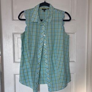 Cotton Talbots Blue and Yellow Plaid Sleeveless Button Front Blouse Size 8